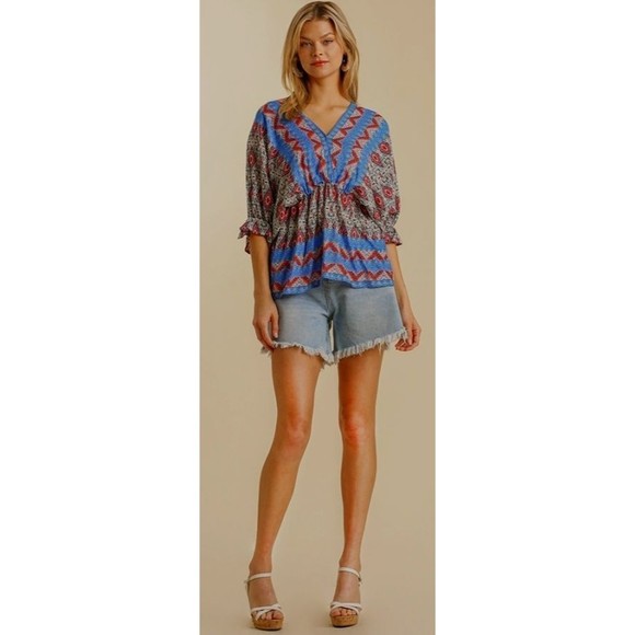 New UMGEE S Blue Paisley Balloon Dolman Sleeves Rayon Top Back String Tie - Picture 2 of 4